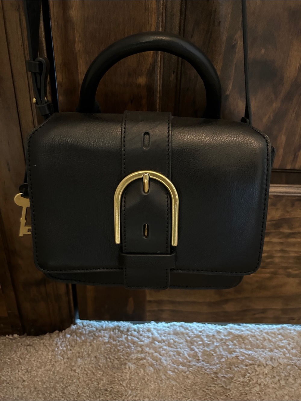 Fossil Black Leather Crossbody with Gold Buckle Accent